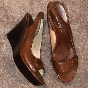 Cole Haan brown leather platform sling back Size 6.5. Brand New. Never worn.